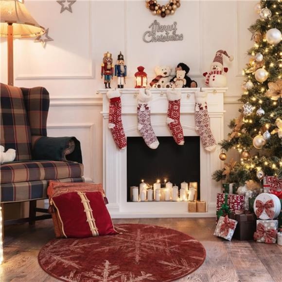 Snowflake Round Christmas Rug, Small Washable Round Rug 3ft Non-Slip, (Red) - Picture 5 of 6
